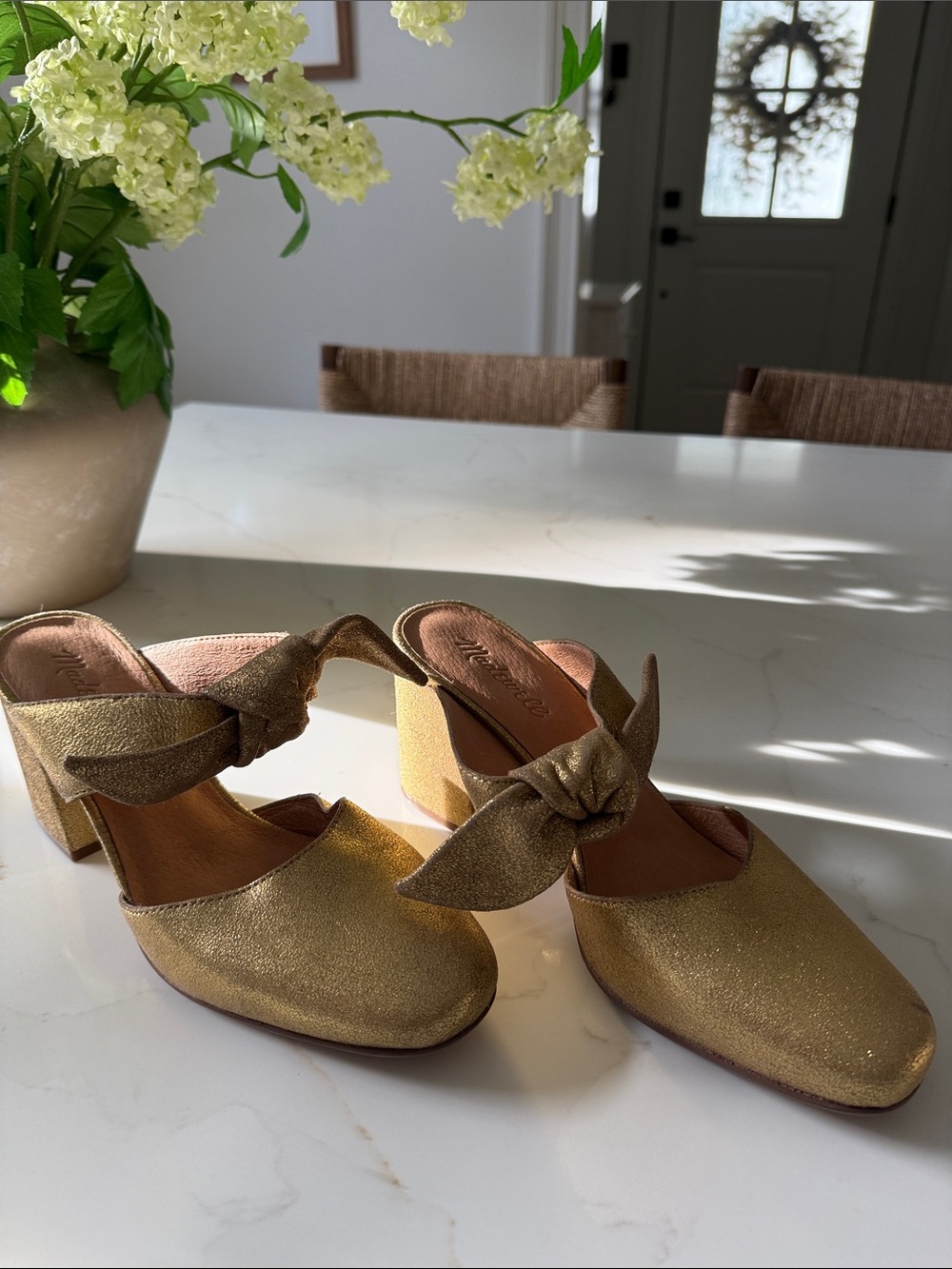Madewell Gold Knot Strap Block-Heel Mules